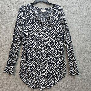 Floral Navy Long Sleeve Smocked Button-Down Blouse whimsey garden